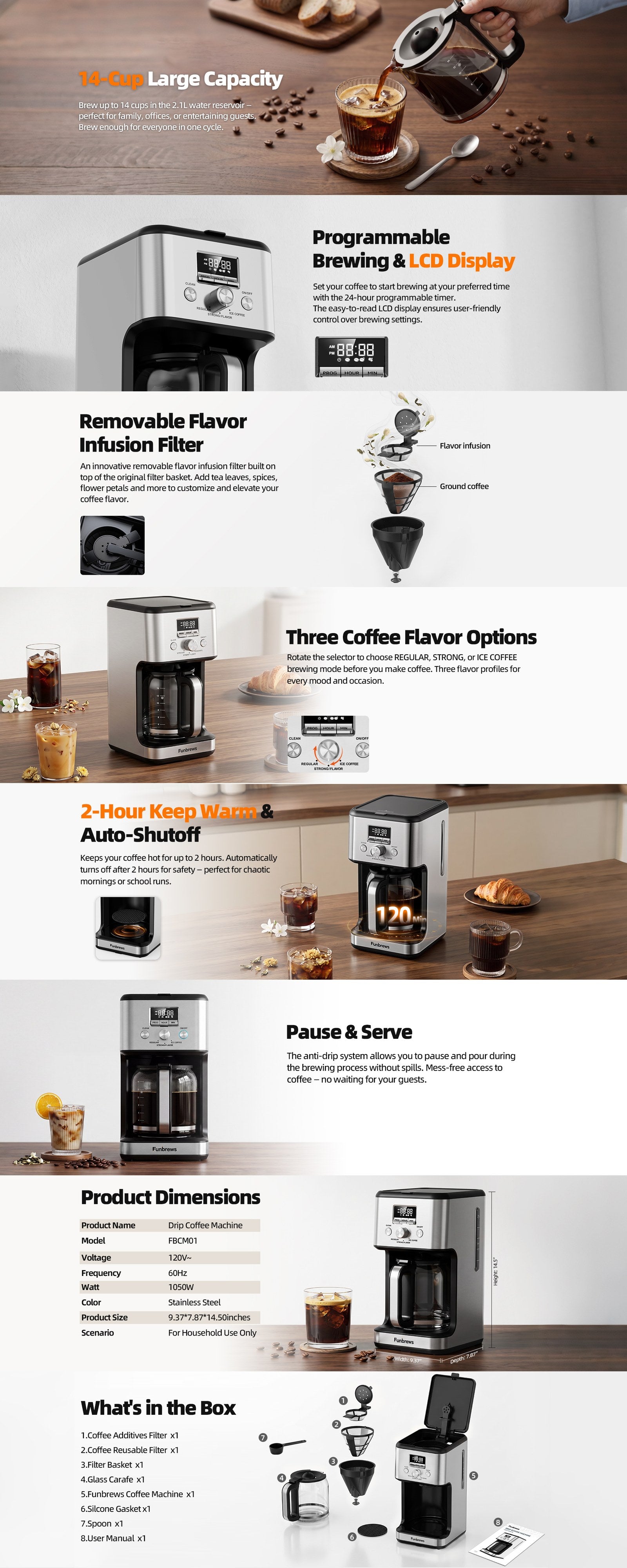 Funbrews FBCM01 14-Cup Programmable Flavor Coffee Maker (Stainless Steel) - Full Product Details
