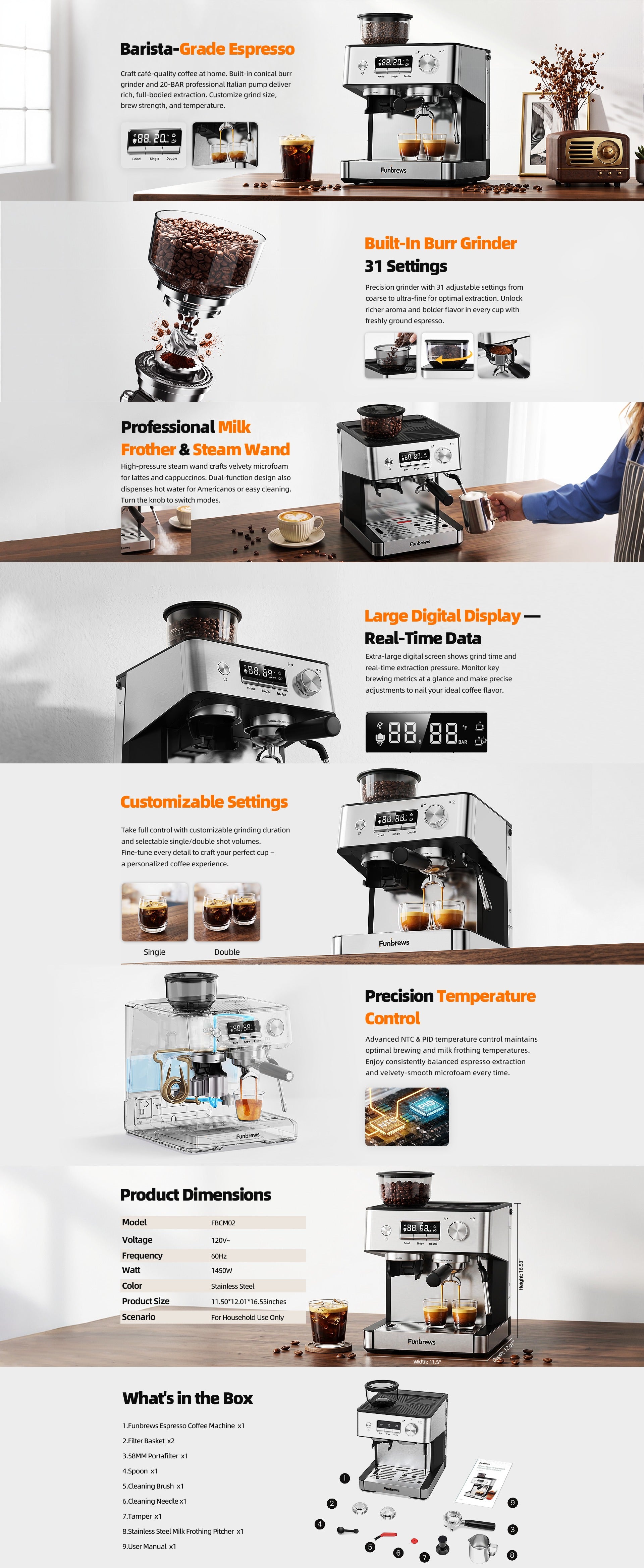 Funbrews FBCM02 Semi-Automatic Espresso Machine with Built-In Conical Burr Grinder, 58mm Portafilter & PID Temperature (Stainless Steel) - Full Product Details