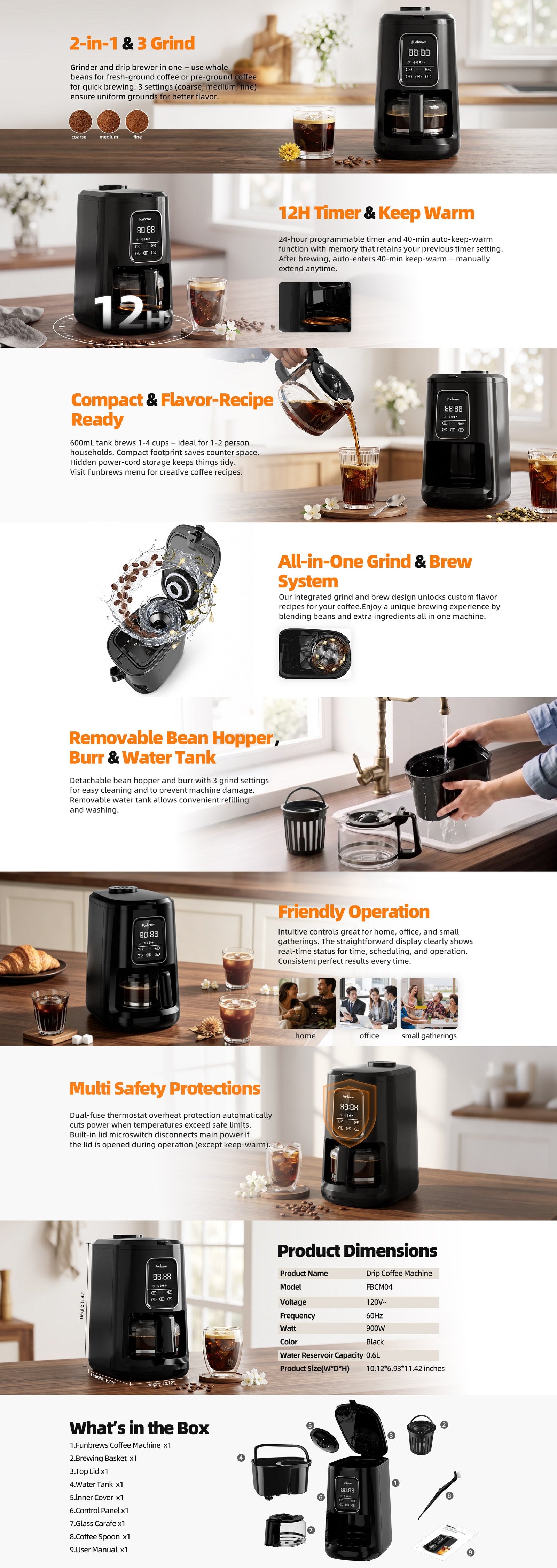 Funbrews FBCM04 4-Cup Compact Grind-and-Brew Flavor Coffee Maker (Black) - Full Product Details