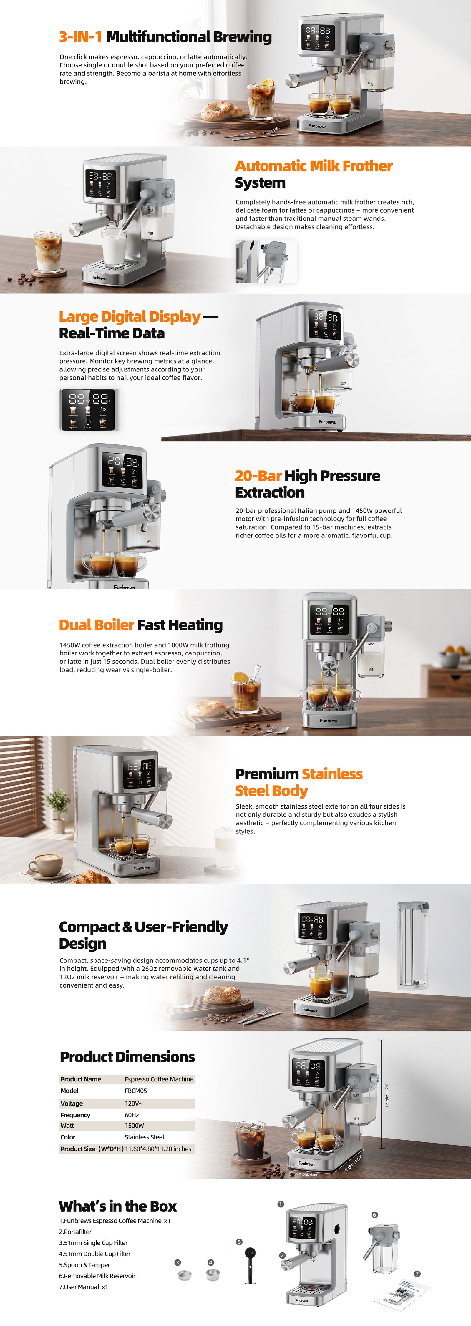 Funbrews FBCM05 One-Touch Espresso Machine with Automatic Milk Frothing (Stainless Steel) - Full Product Details