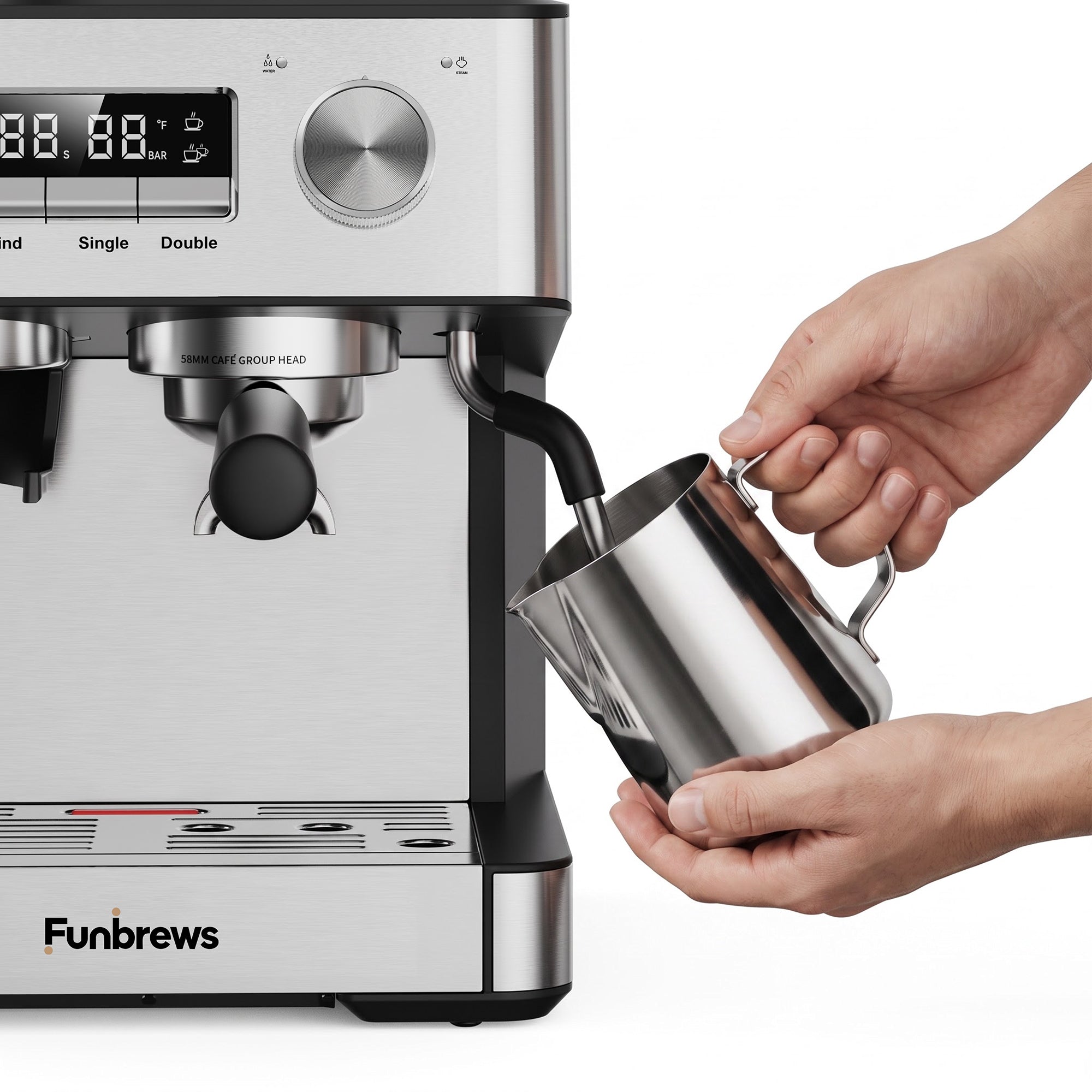 Funbrews FBCM02 Semi-Automatic Espresso Machine with Built-In Conical Burr Grinder, 58mm Portafilter & PID Temperature (Stainless Steel) - Image 2