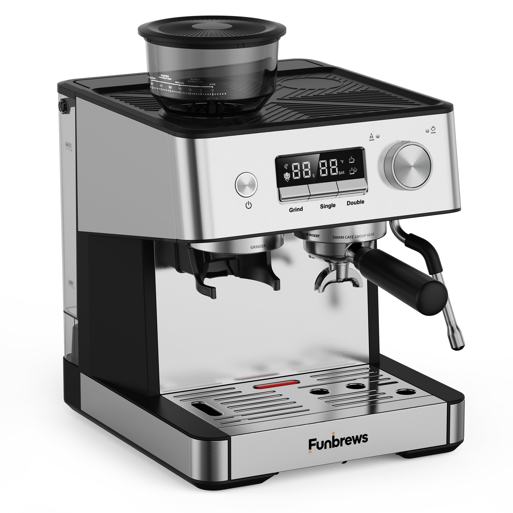 Funbrews FBCM02 Semi-Automatic Espresso Machine with Built-In Conical Burr Grinder, 58mm Portafilter & PID Temperature (Stainless Steel) - Image 4