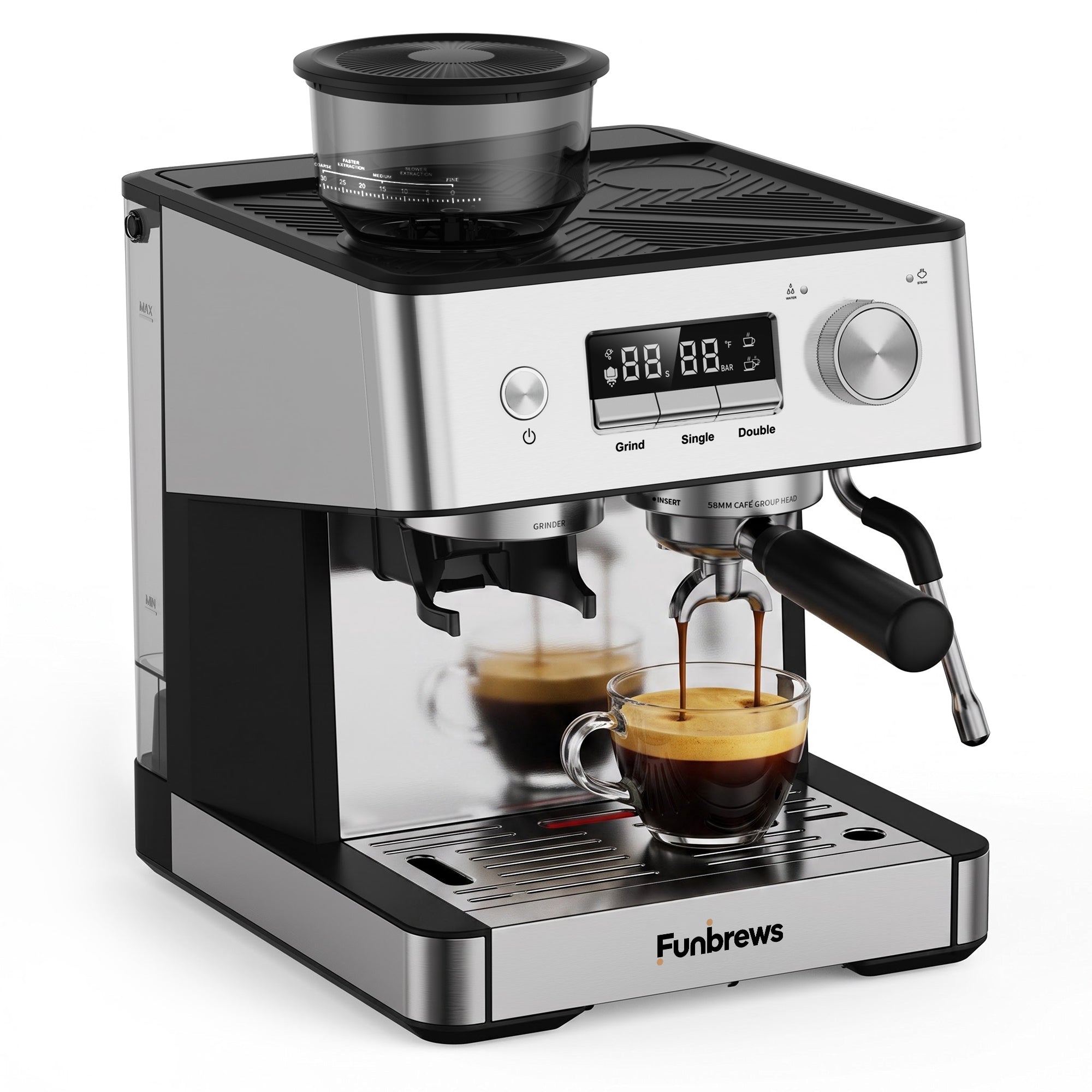 Funbrews FBCM02 Semi-Automatic Espresso Machine with Built-In Conical Burr Grinder, 58mm Portafilter & PID Temperature (Stainless Steel) - Image 5