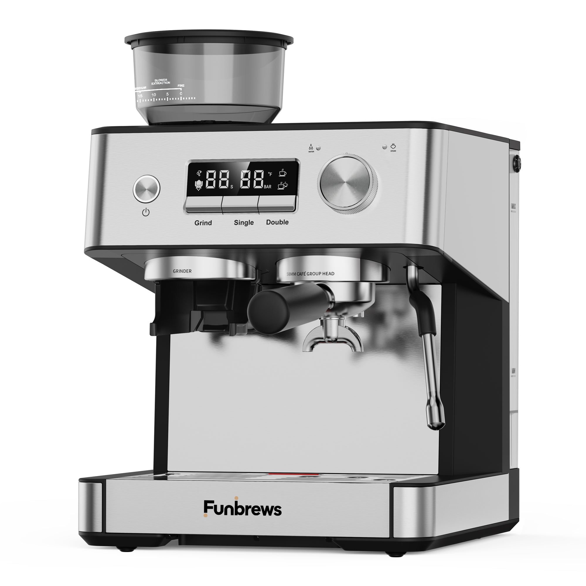 Funbrews FBCM02 Semi-Automatic Espresso Machine with Built-In Conical Burr Grinder, 58mm Portafilter & PID Temperature (Stainless Steel) - Image 7